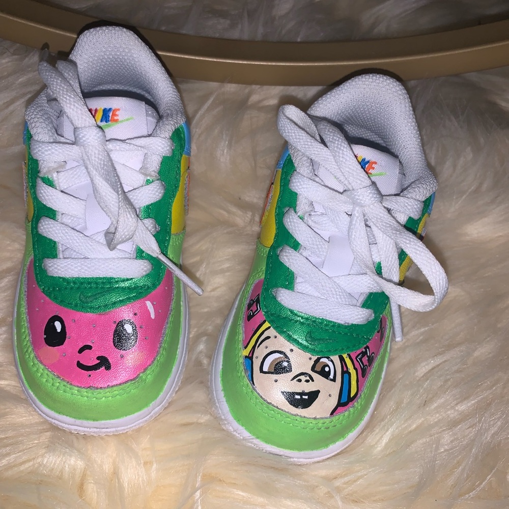 Kids hand painted custom coco melon Air Force ones